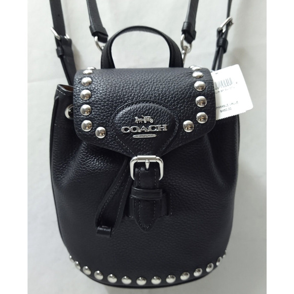 Coach Black Pebbled Leather Studded Drawstring Crossbody Backpack Bag - NWT $450 - Picture 15 of 16